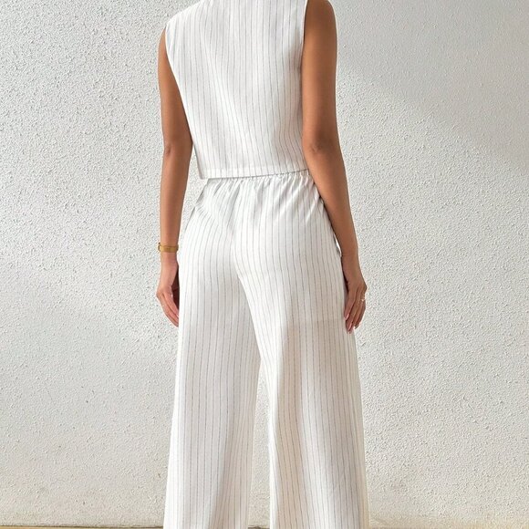 White Casual Women's Sleeveless Top And Long Pants Two-Piece Set - Picture 2 of 7
